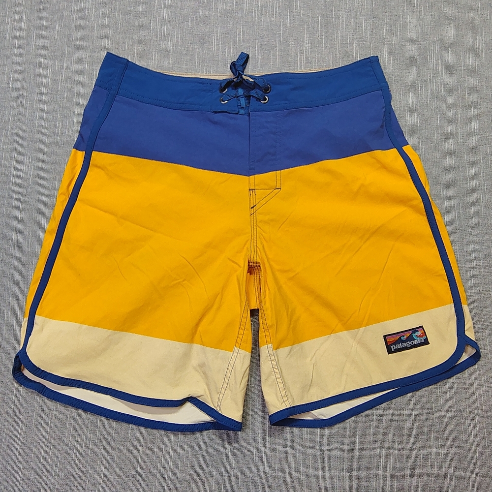 Patagonia Hydropeak Board Shorts Size 29 Yellow Blue Stripe Wave Tag Flying Fish
